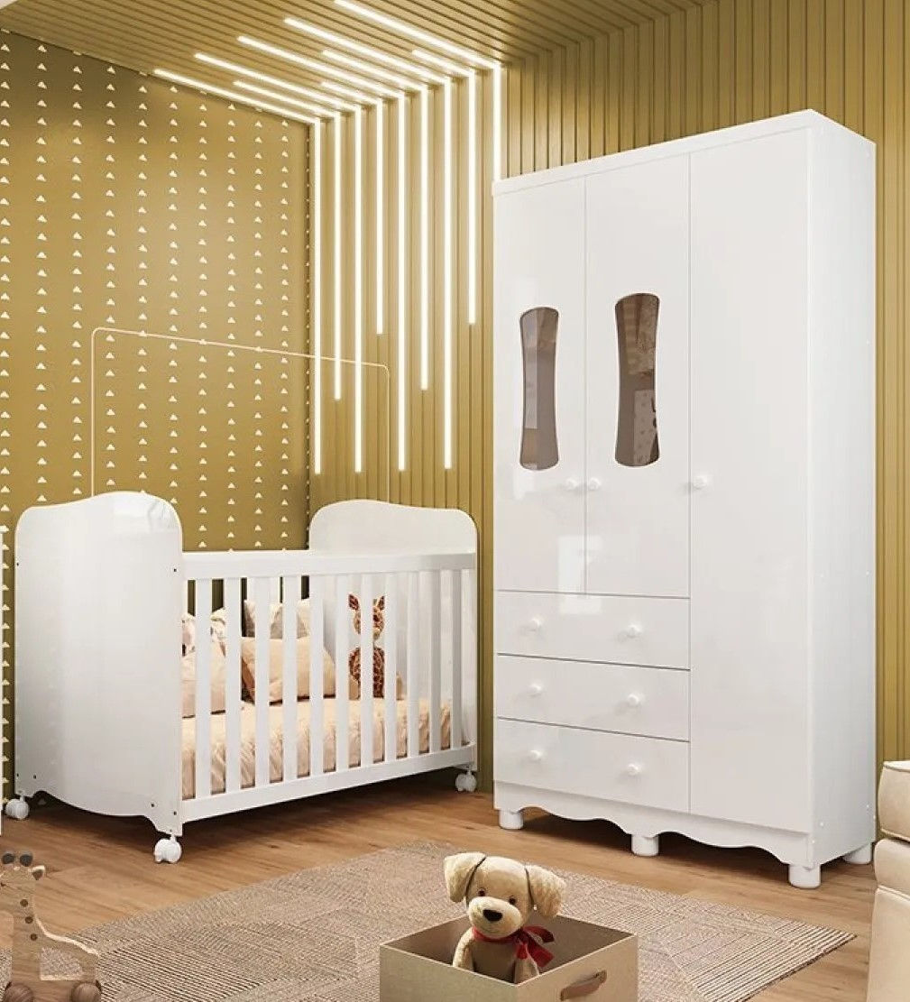 Roupeiro Luna 3 Portas + Berço Uli Americano, 100% MDF - Peroba