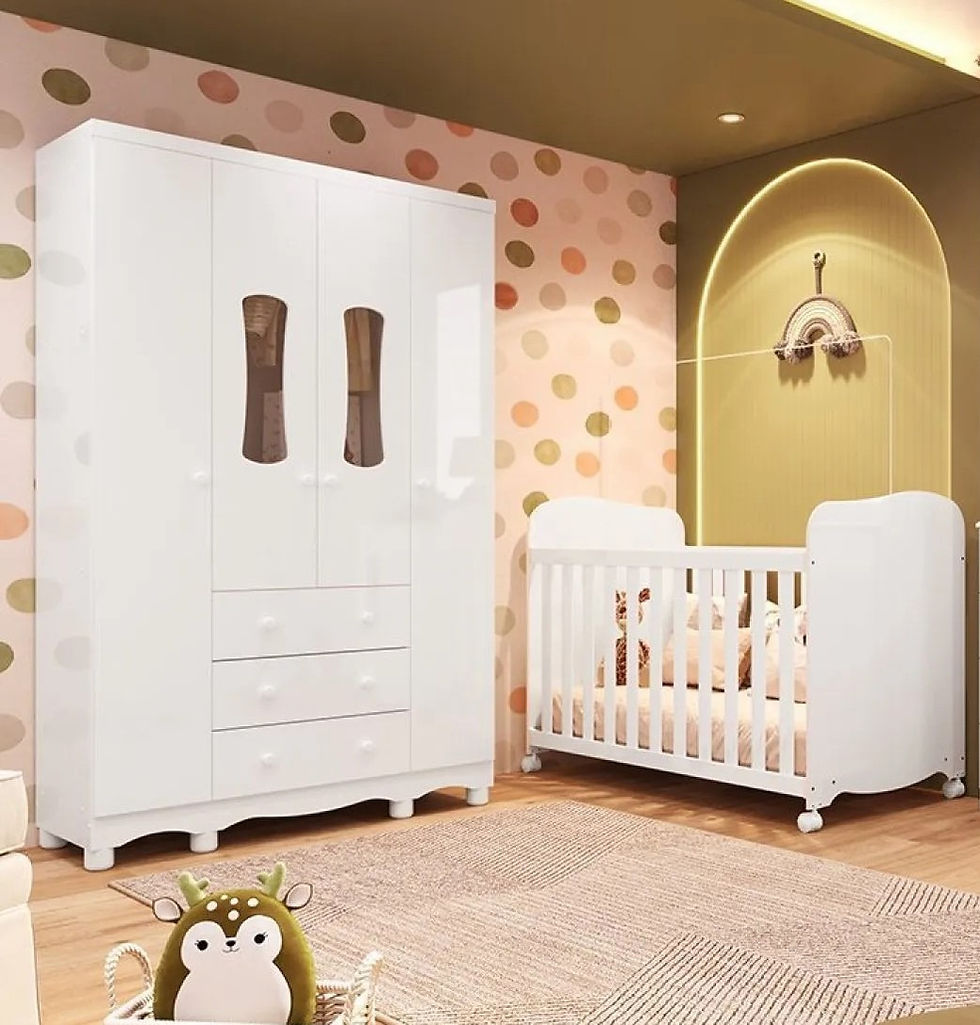 Roupeiro Luna 4 Portas + Berço Uli Americano, 100% MDF - Peroba