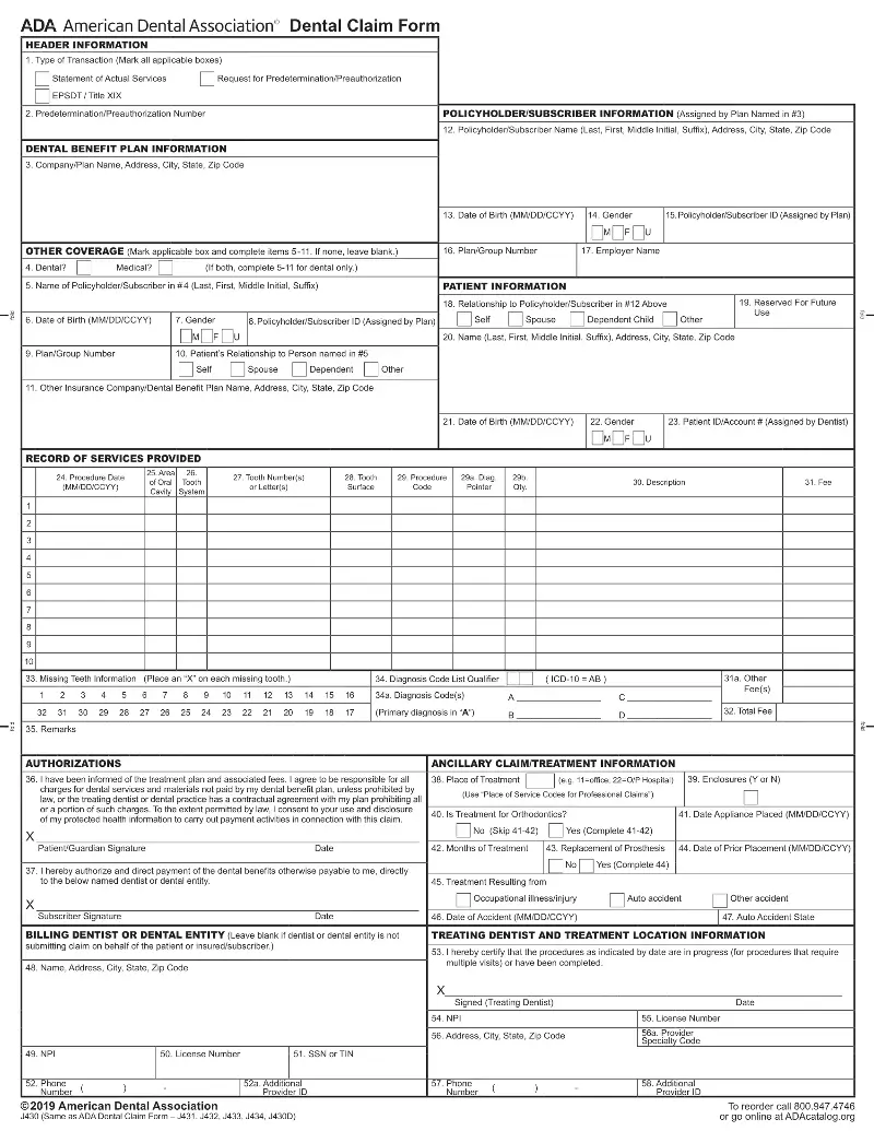 blank ADA dental claim form