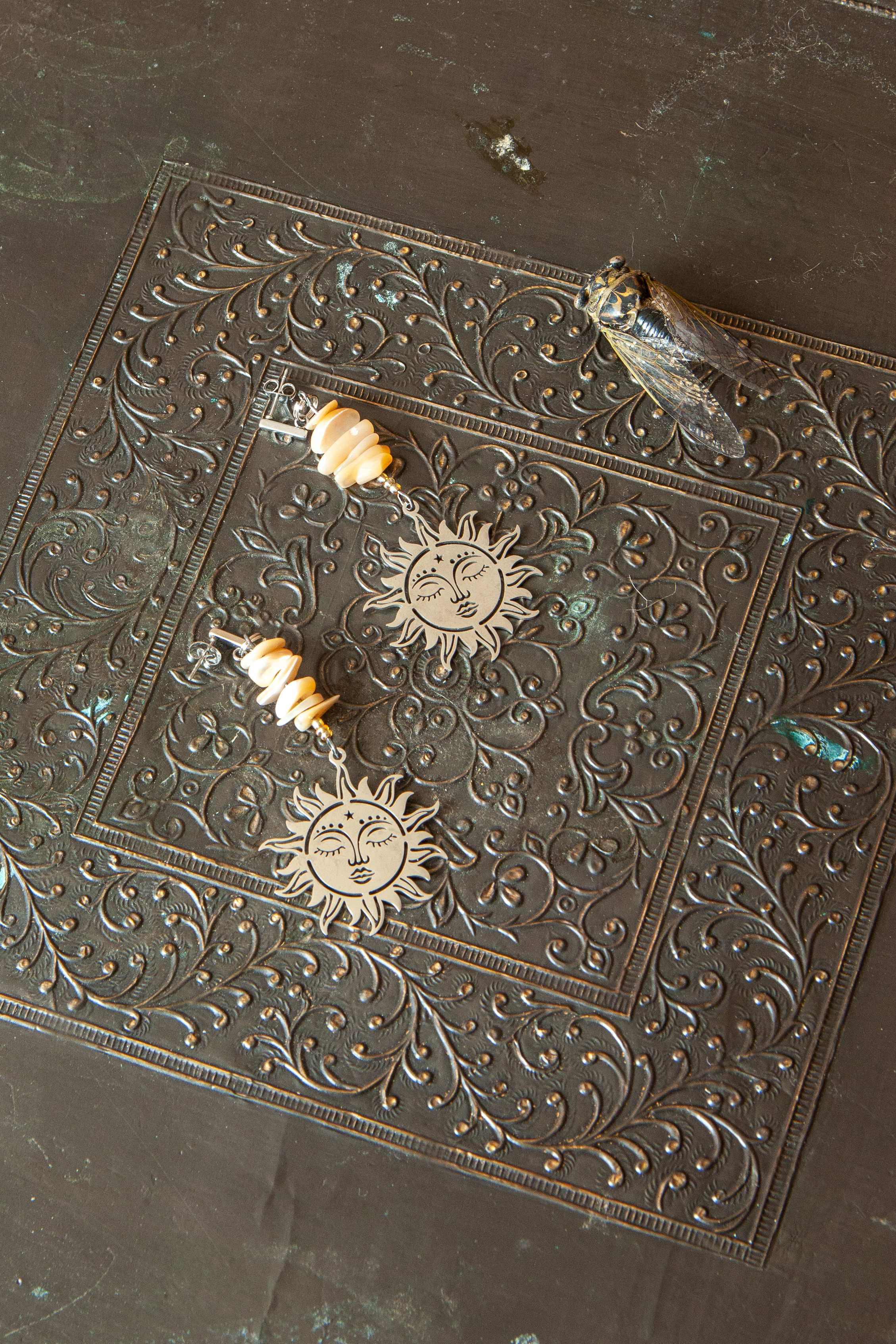 EARRINGS - Stacked Shell and Third Eye Sun Post