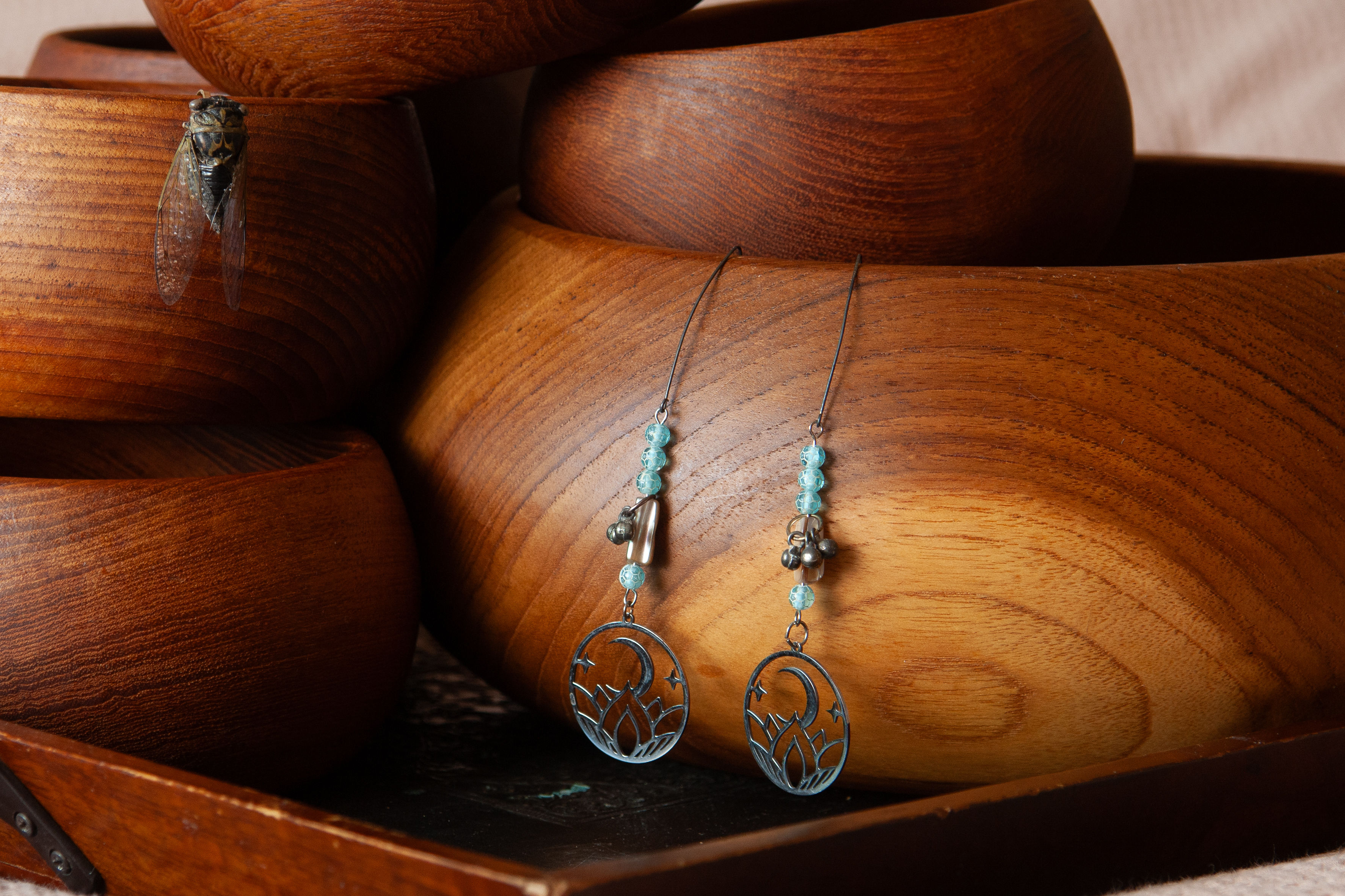 EARRINGS - Moon and Lotus Long Hang Dangles