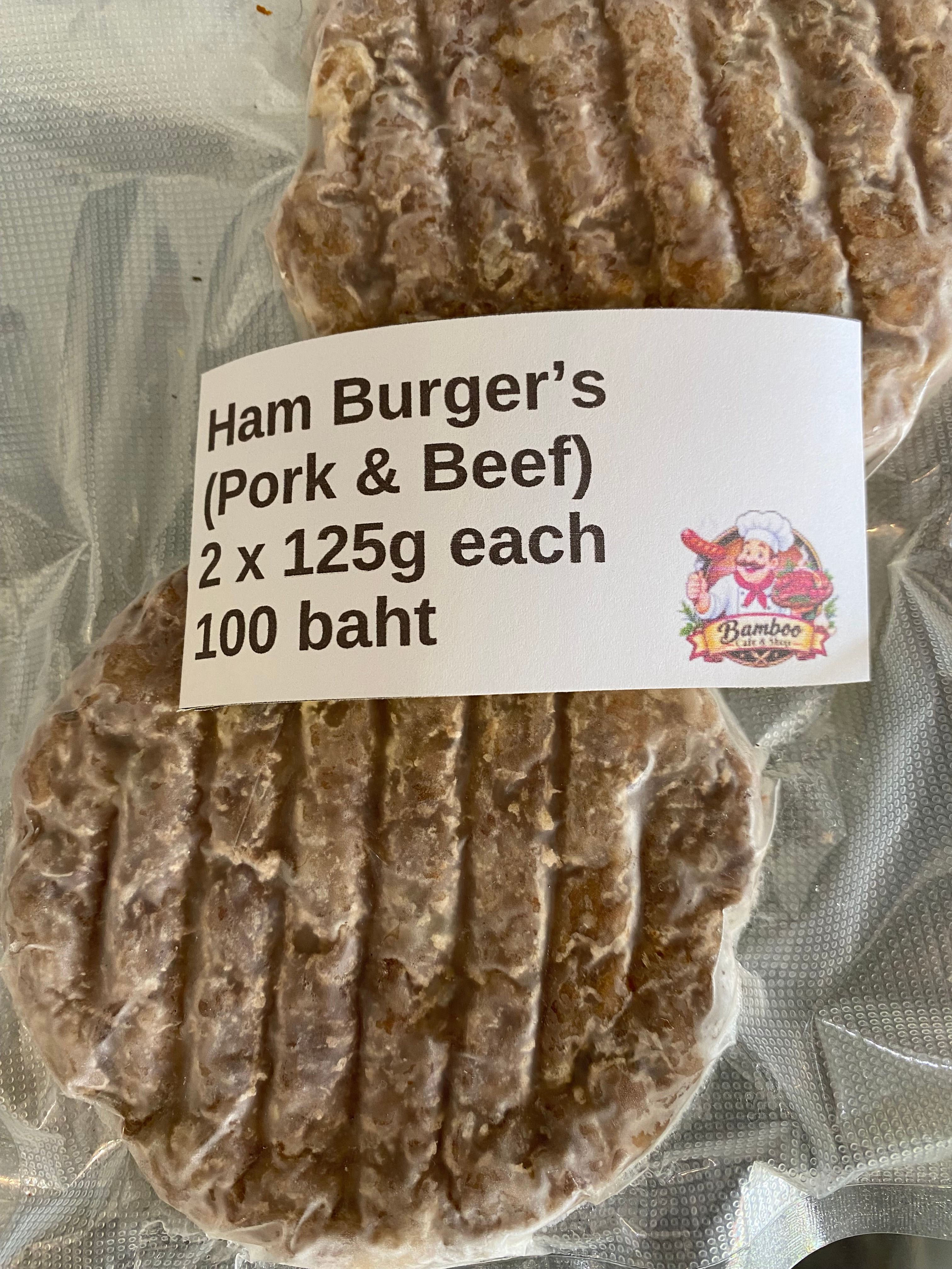 Two-pack of 125g Ham Burgers, pork and beef patties.