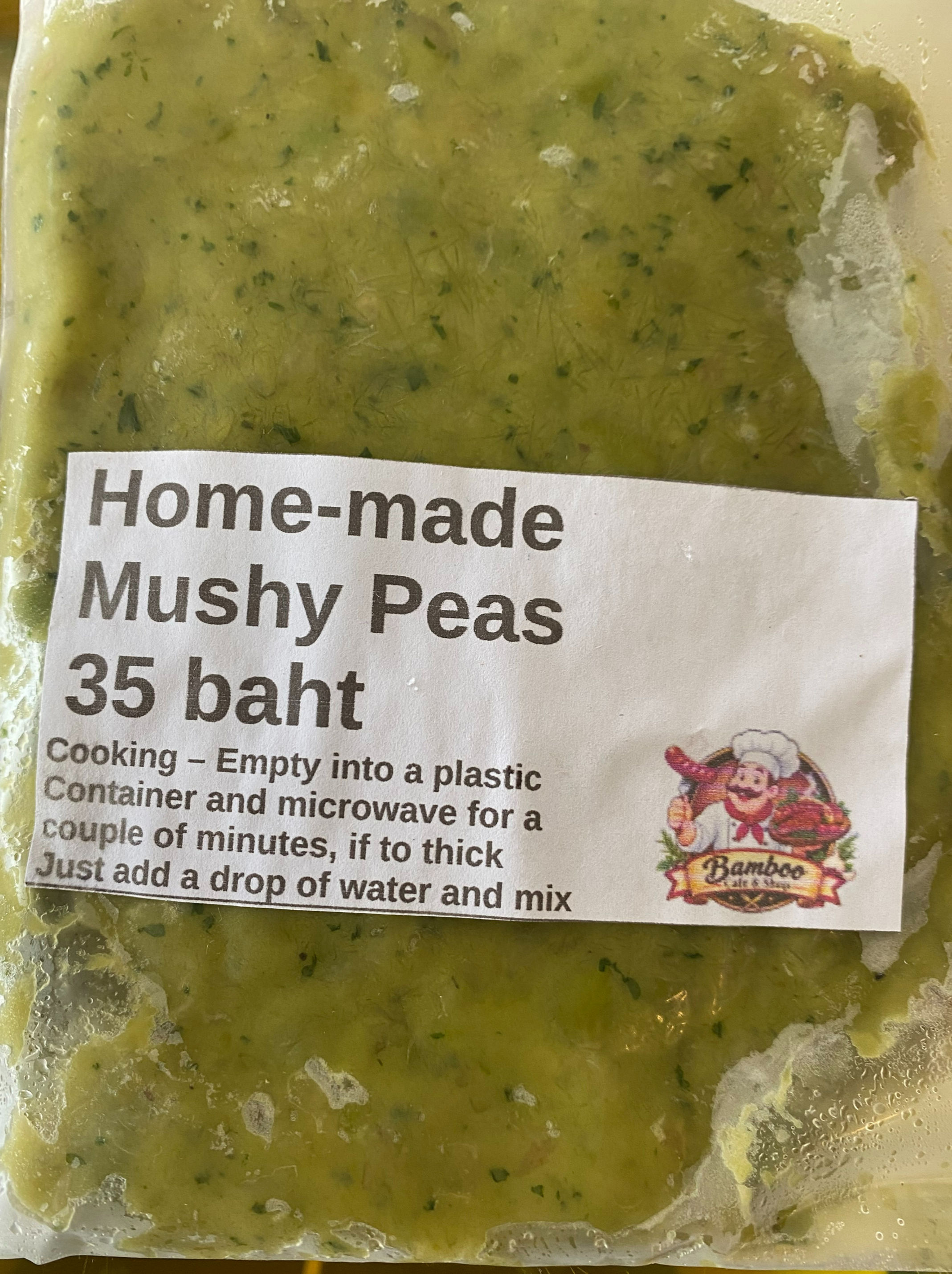 Home-made Mushy Peas in a package for 35 baht.