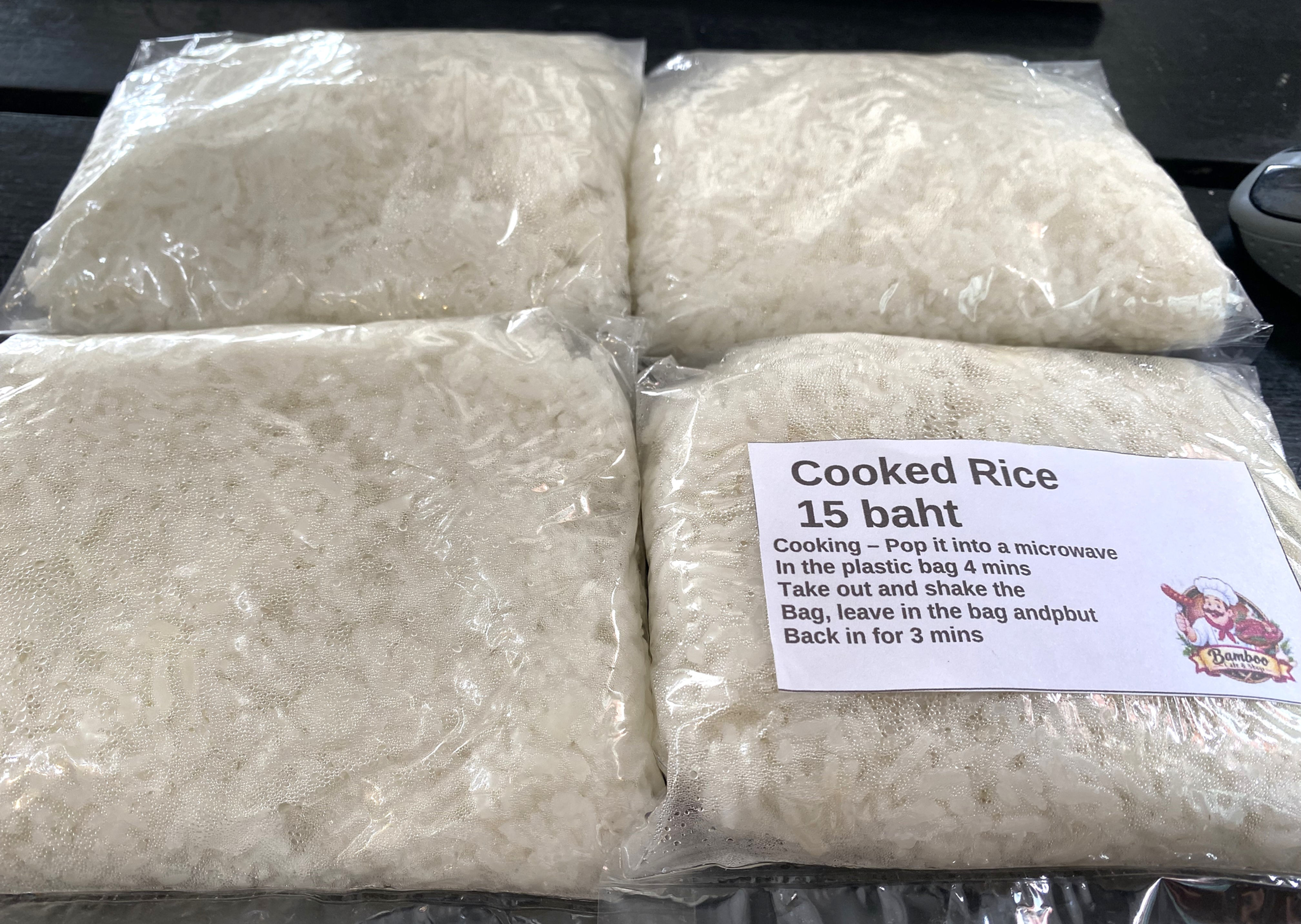 Frozen cooked white rice in bags with microwave instructions