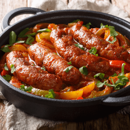 French herb and garlic pork sausages with peppers