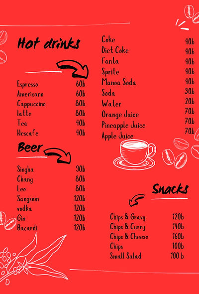 Cafe menu for breakfasts, lunch, and dinner showing drinks and snacks.