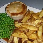 Pie, chips, and peas served at Bamboo Cafe Shop