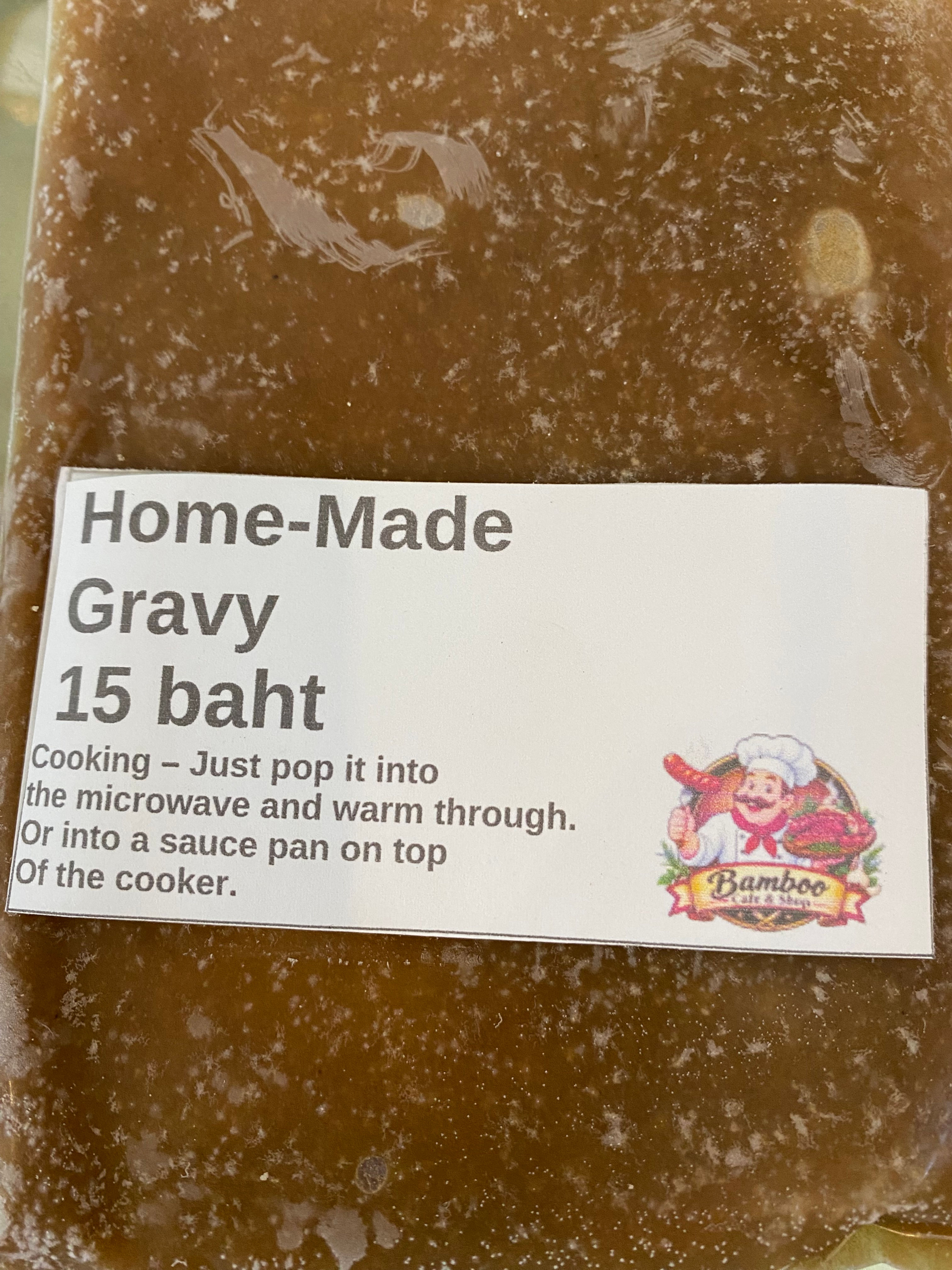 Home-Made Gravy pouch priced at 15 baht with cooking instructions.
