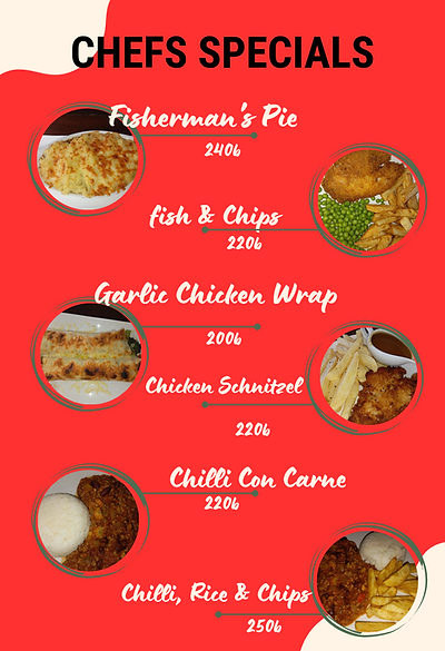 Chef's specials cafe menu with breakfasts, lunch, and dinner.