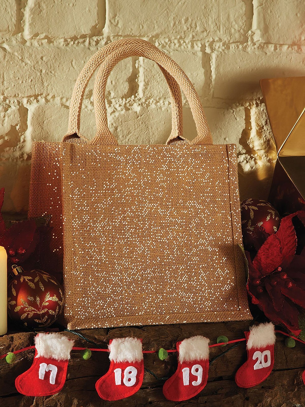 Miniature : Mini sac cadeau jute pailleté 26x22x14 cm - Naturel/Or