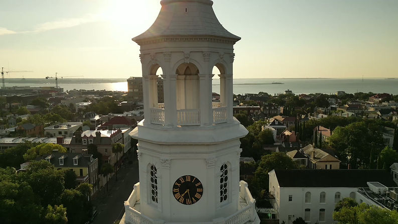 Charleston rooftops and steeple near 360 King