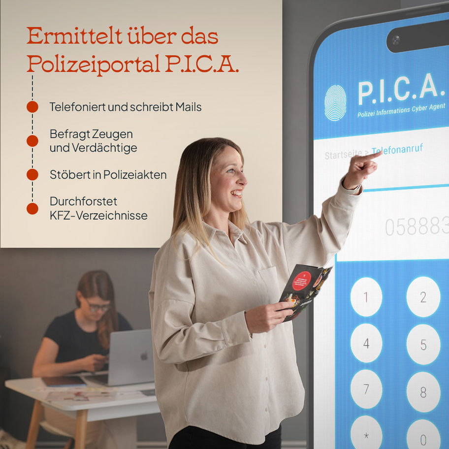 Eine junge Frau tippt auf einem Monitor, der das Telefonmodul im P.I.C.A. Polizeiportal zeigt