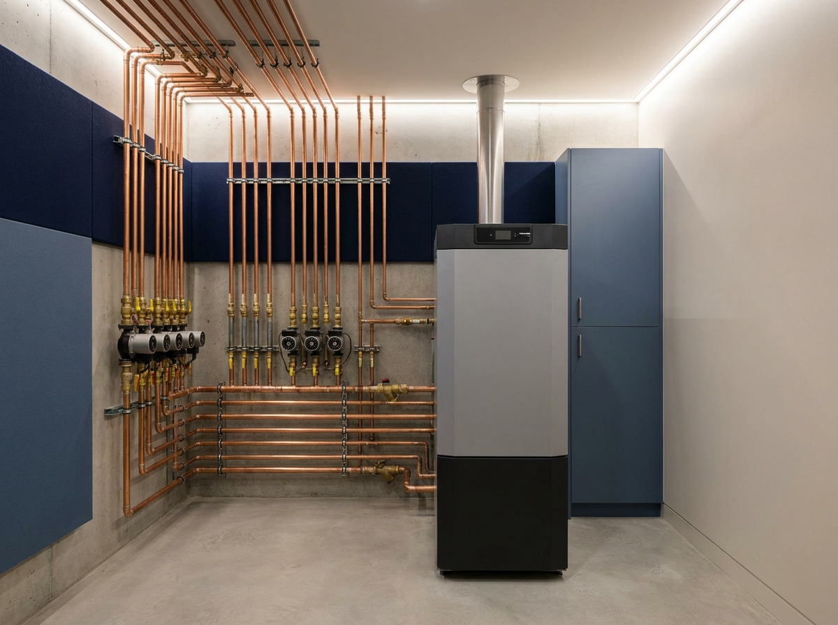 Hydronic heating boiler and copper pipework installation
