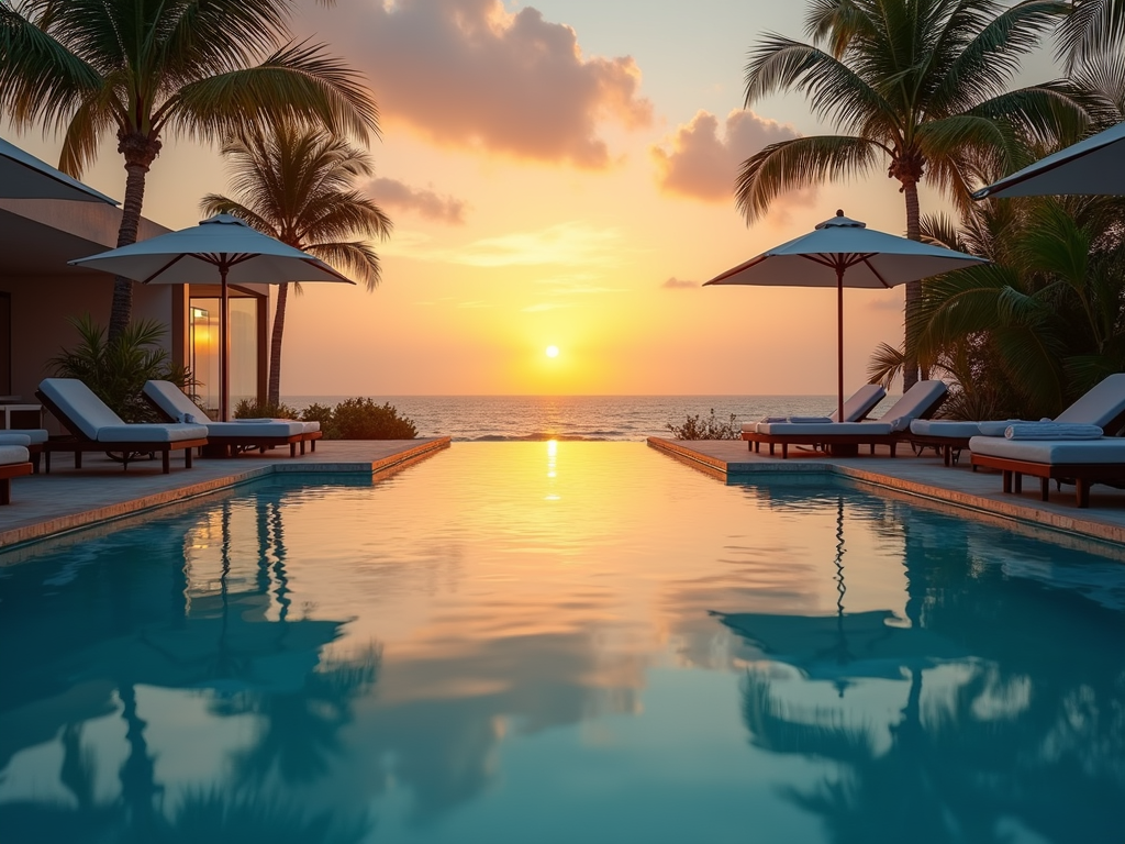 Una lujosa piscina de un resort tropical frente al mar durante el atardecer
