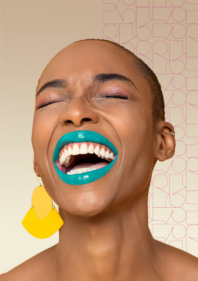Young woman with coffee colored skin, short black hair, green lipstick, and yellow fan earring smiling with eyes closed