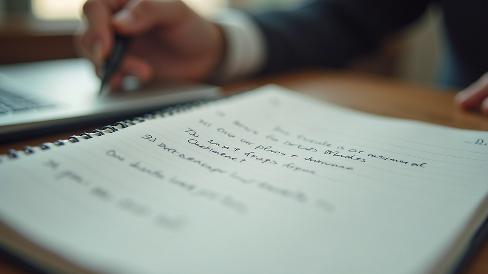 Eye-level view of a notebook with handwritten goals and a pen