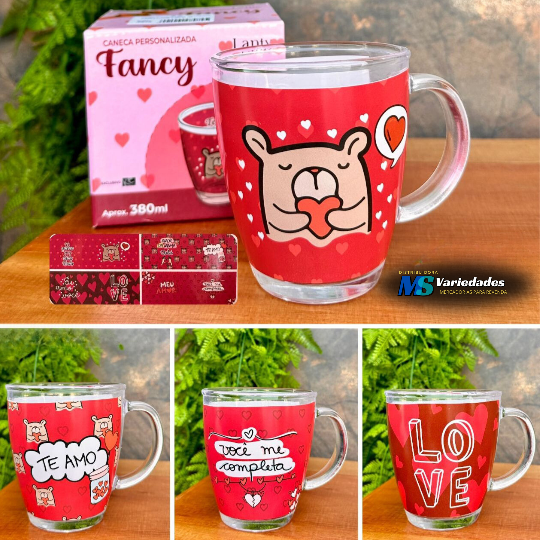 COD: SS8974 CANECA VIDRO 380ML DECORADA FANCY-LOVE