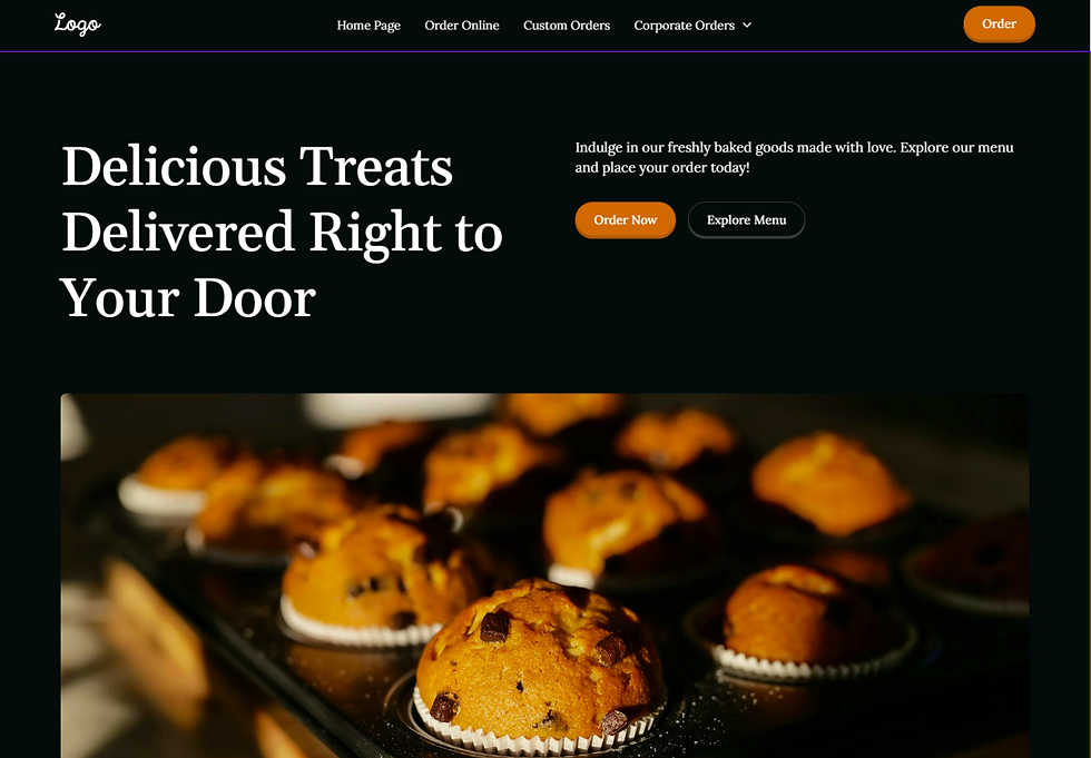 Website design featurting freshly baked muffins in a tray with chocolate chips, under warm lighting.