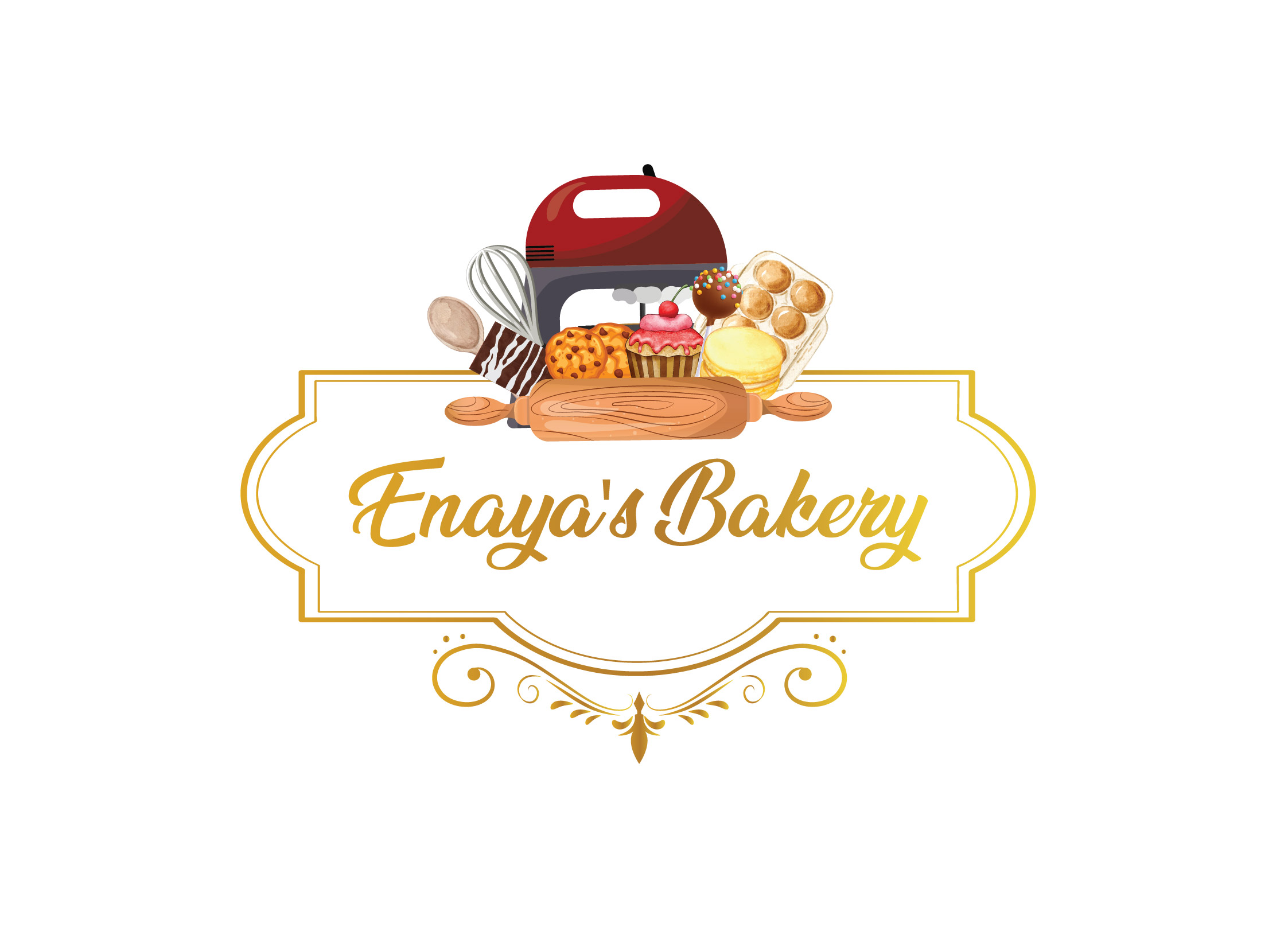 Enaya's Bakery logo with baking tools and decorative banner