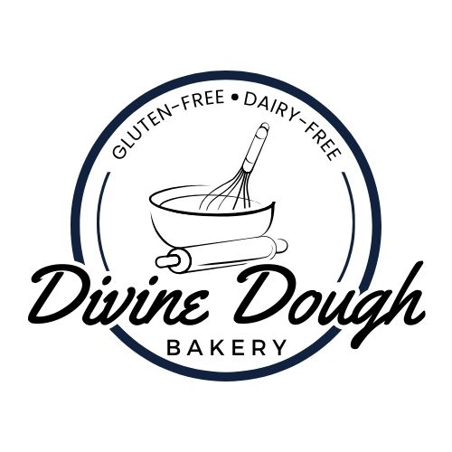 Divine Dough bakery logo with gluten-free and dairy-free text.