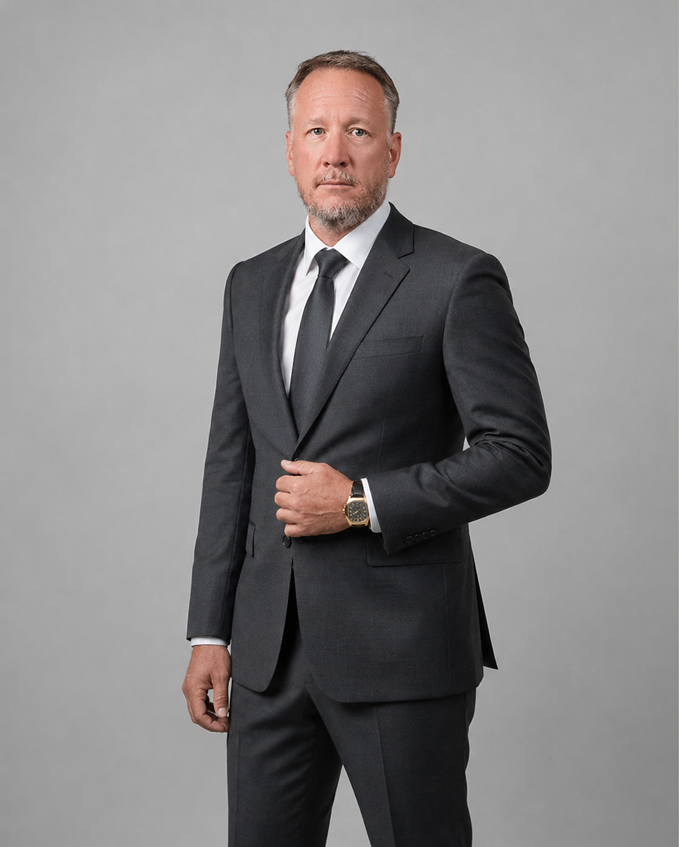James Beck Oxford portrait in a charcoal suit
