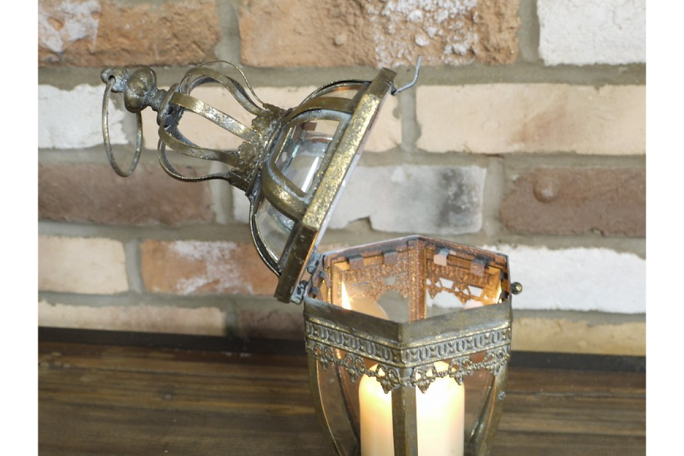rustic gold lantern with a opening top to place the candle inside