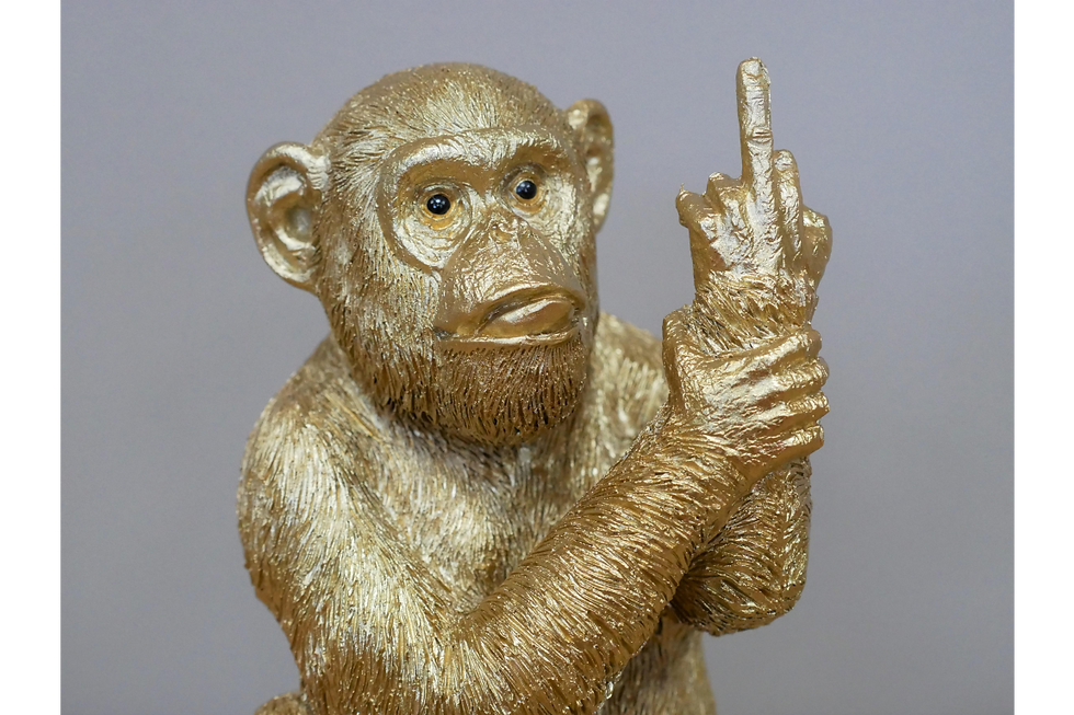 Thumbnail: close up of face of the Medium Gold Cheeky Middle Finger Monkey Ornament