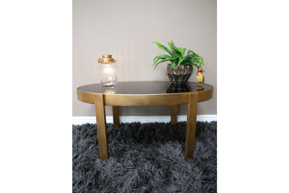 Rustic Gold Coffee Table with a Black Glass Top