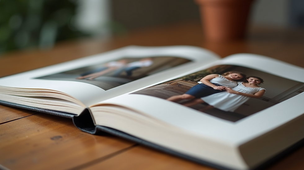 Close-up view of a family photo album on a wooden table