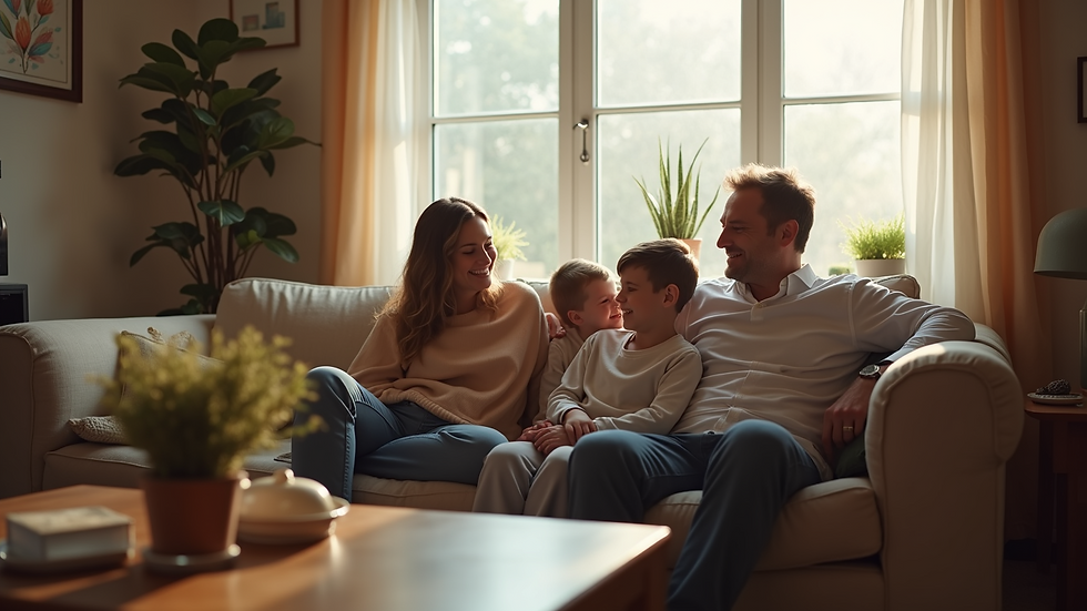 Eye-level view of a cozy living room with a family sitting together on a couch