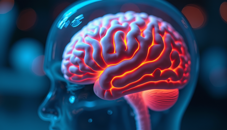 Close-up view of a brain model highlighting dopaminergic pathways