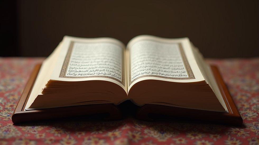 Eye-level view of an open Quran on a wooden stand