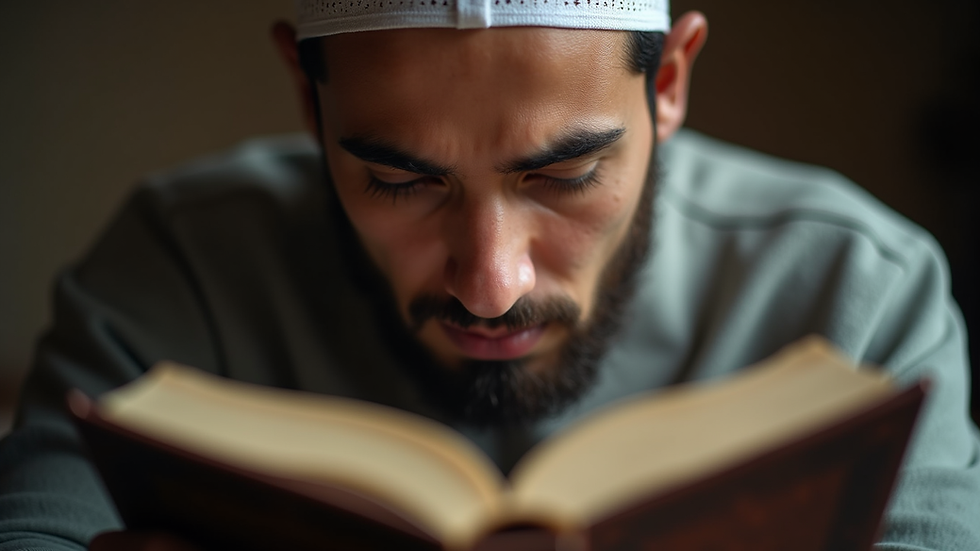 Close-up view of a person reading the Quran with a focused expression