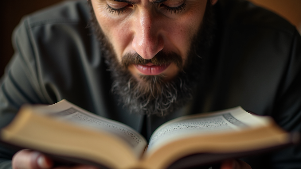 Close-up view of a person reading the Quran with a focused expression