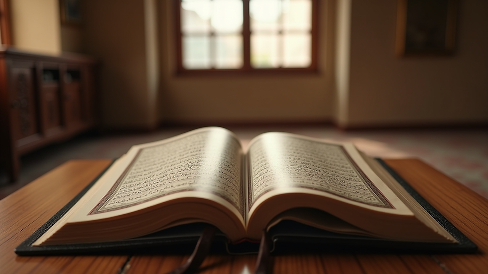 Eye-level view of an open Quran on a wooden stand