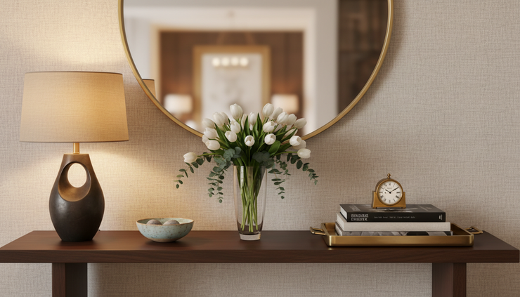 Close-up of a staged console table with layered lighting and polished accents