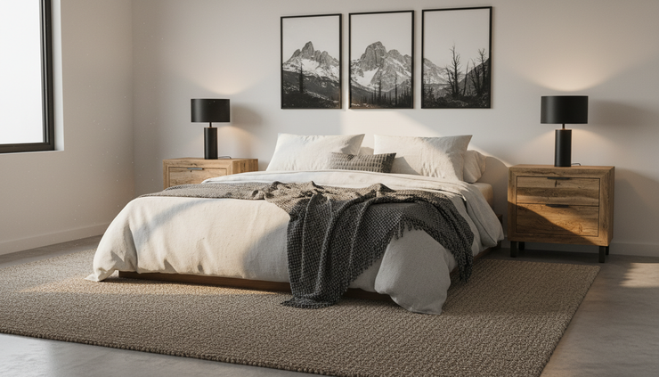 Eye-level view of a modern bedroom with neutral bedding and rugged wood accents