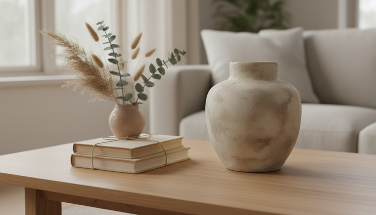 Close-up of a coffee table vignette with layered textures and a dessert disguised as a ceramic vase.