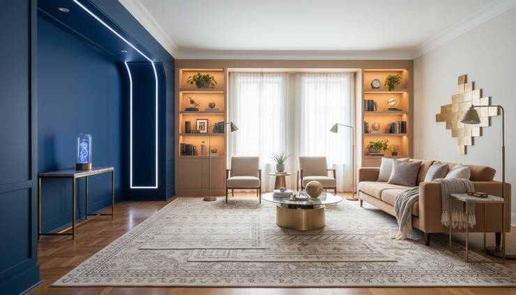 Wide-angle view of a living room with a blue sci-fi inspired entry nook