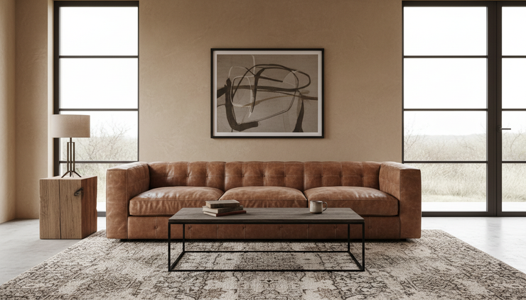 Wide-angle view of a bold modern living room with leather seating and warm neutral walls