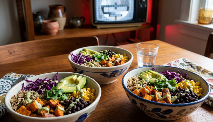 Eye-level view of colorful grain bowls arranged for a superhero watch party.