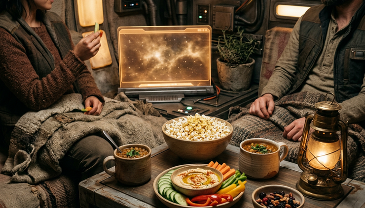 Eye-level view of a cozy sci-fi viewing room with plant-based snacks set beside a glowing screen.