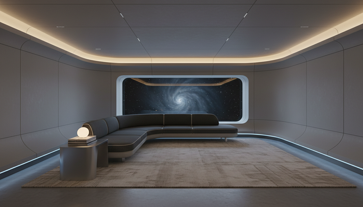 Wide-angle view of a living room with soft futuristic lighting and curved modern furniture