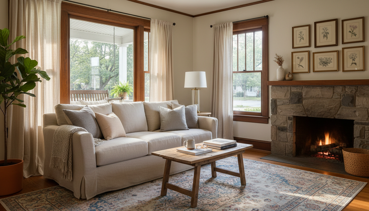 Wide-angle view of a cozy small-town living room with original wood trim and soft afternoon light