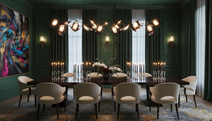 Wide-angle view of a moody dining room with black taper candles and sculptural lighting