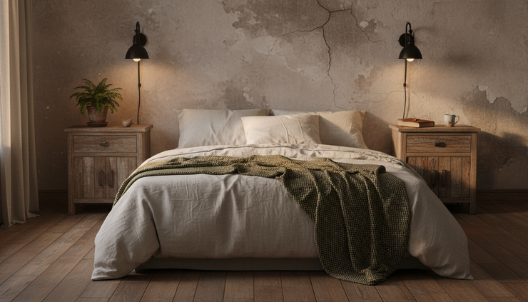 Eye-level view of a staged bedroom with linen bedding aged wood nightstands and soft green accents