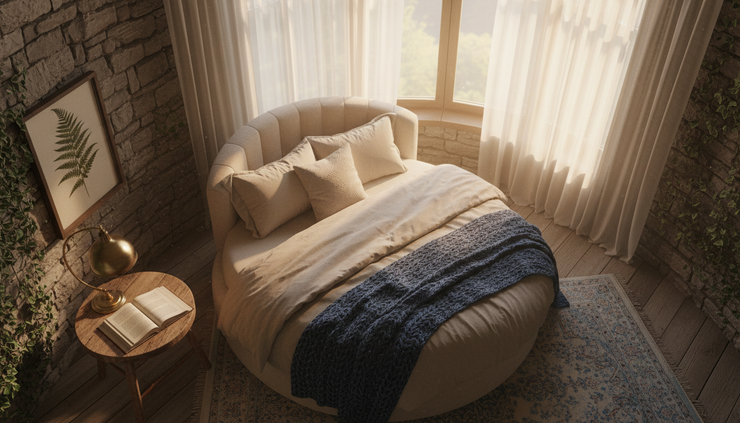 Overhead view of a styled bedroom with soft bedding and books.
