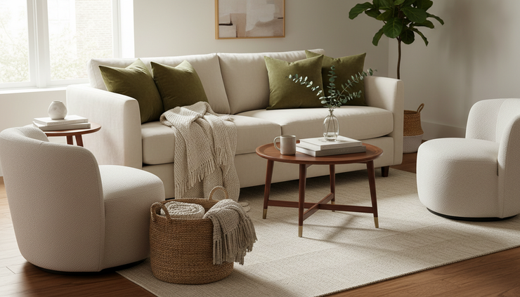 Eye-level view of a staged seating area with a sofa, two chairs, and a small round coffee table.