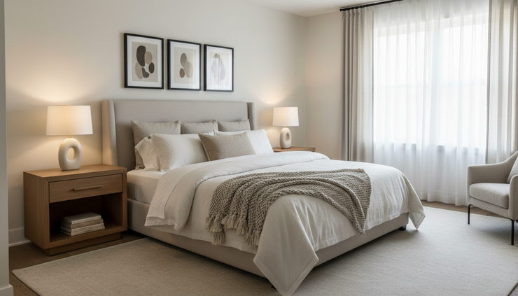 Wide-angle view of a bright bedroom with layered neutral bedding and warm wood nightstands