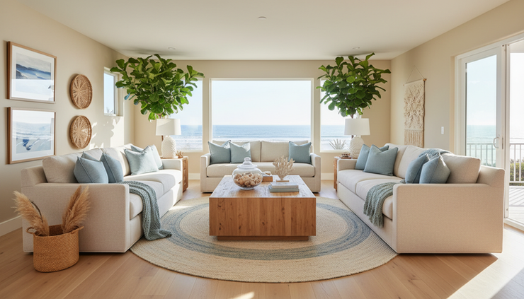Wide-angle view of a staged coastal living room with pale sofas and ocean-inspired decor.